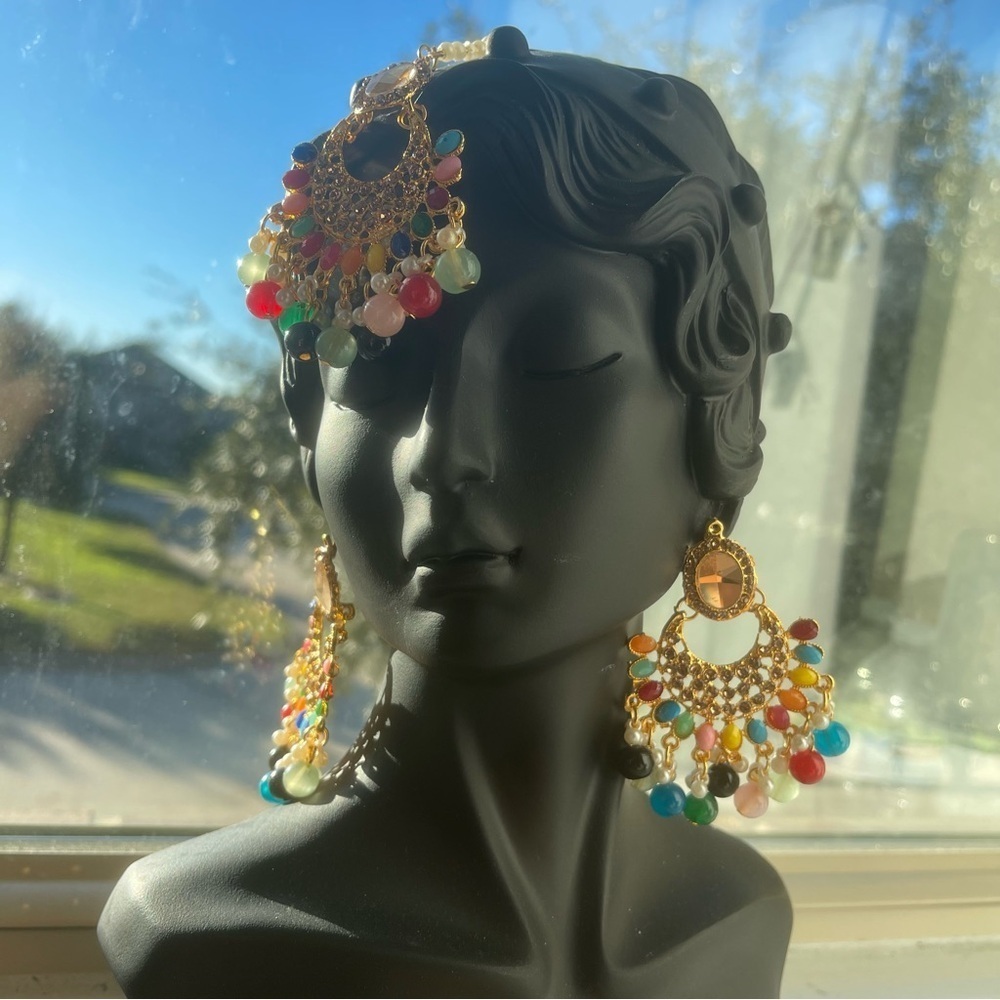 Pakistani Indian Bollywood style Earrings with tikka multicolored beads festive